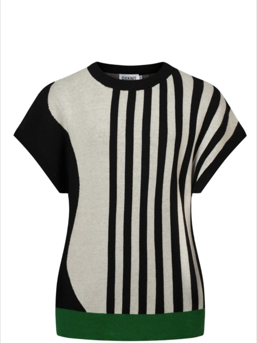 Oxknit Women's Black and Cream Striped Knit Top with Green Hem